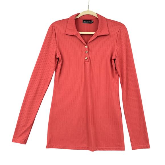 For G and PL Tops - For‎ G and PL Coral Long Sleeve Ribbed Button Placket Collared Polo Shirt Small